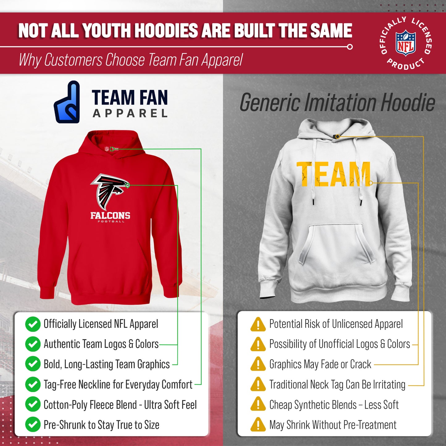 Atlanta Falcons Youth NFL Ultimate Fan Logo Fleece Hooded Sweatshirt -Tagless Football Pullover For Kids - Red