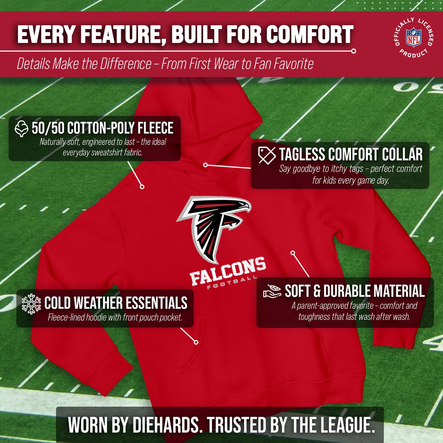 Atlanta Falcons Youth NFL Ultimate Fan Logo Fleece Hooded Sweatshirt -Tagless Football Pullover For Kids - Red