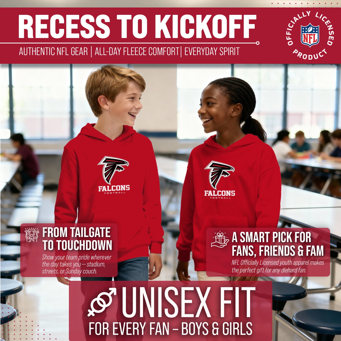 Atlanta Falcons Youth NFL Ultimate Fan Logo Fleece Hooded Sweatshirt -Tagless Football Pullover For Kids - Red