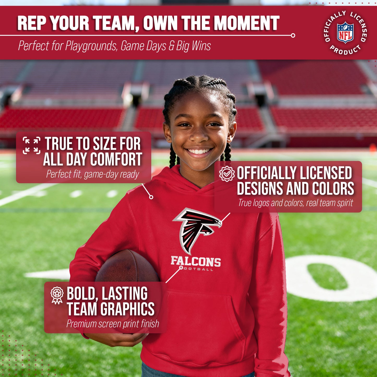 Atlanta Falcons Youth NFL Ultimate Fan Logo Fleece Hooded Sweatshirt -Tagless Football Pullover For Kids - Red