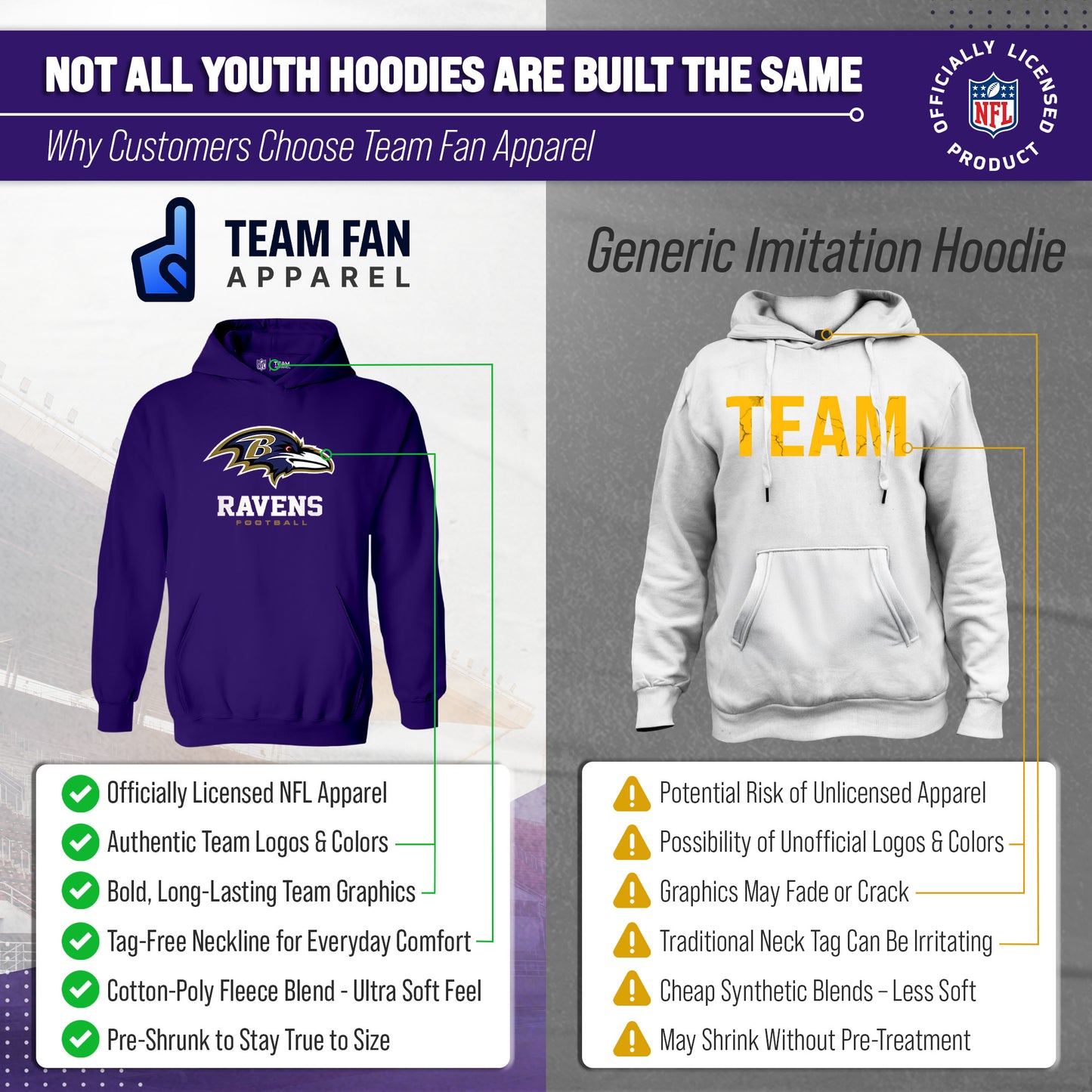 Baltimore Ravens Youth NFL Ultimate Fan Logo Fleece Hooded Sweatshirt -Tagless Football Pullover For Kids - Purple