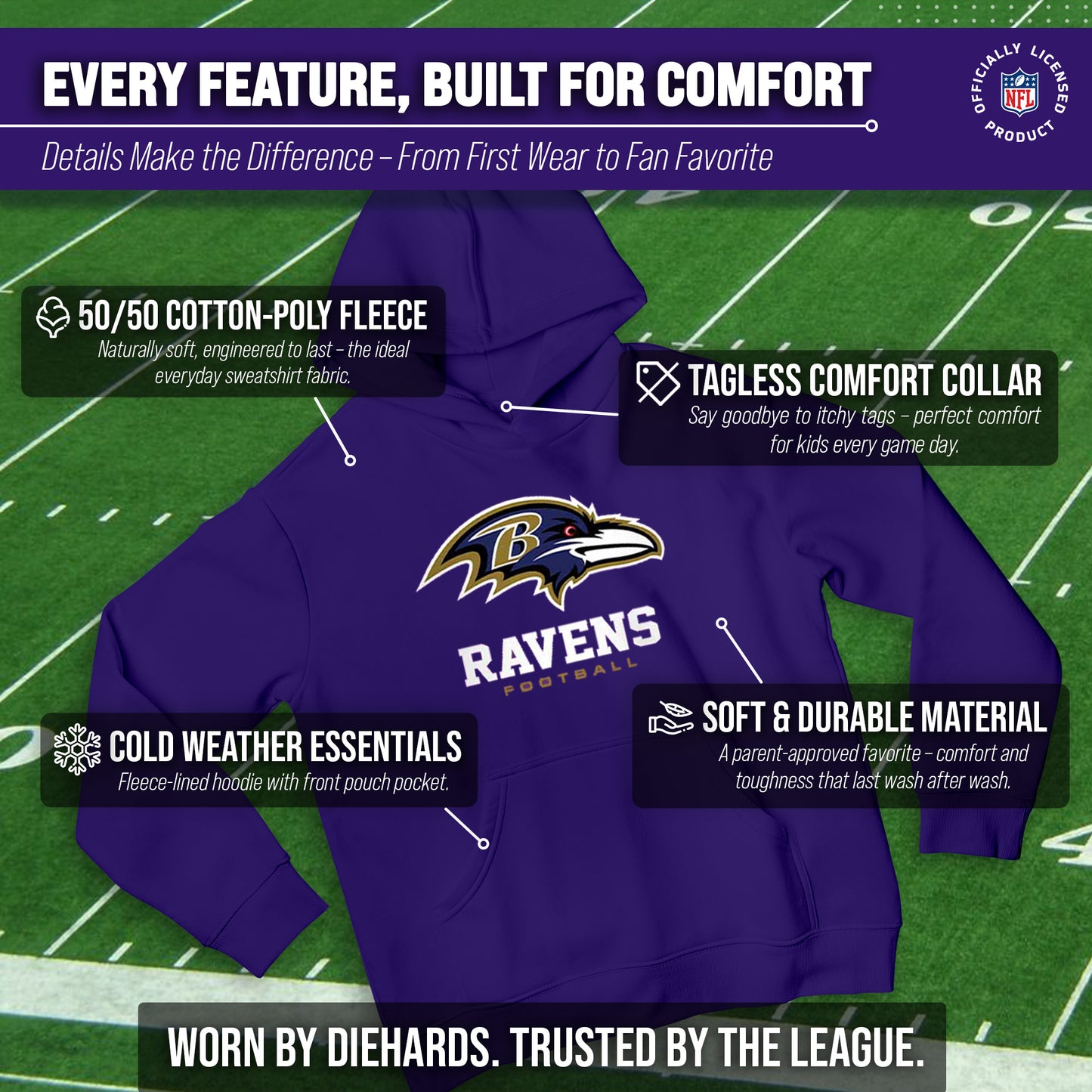 Baltimore Ravens Youth NFL Ultimate Fan Logo Fleece Hooded Sweatshirt -Tagless Football Pullover For Kids - Purple