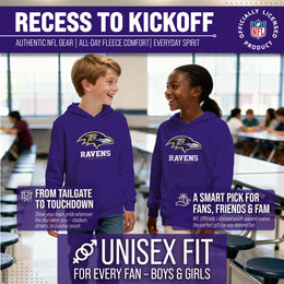 Baltimore Ravens Youth NFL Ultimate Fan Logo Fleece Hooded Sweatshirt -Tagless Football Pullover For Kids - Purple