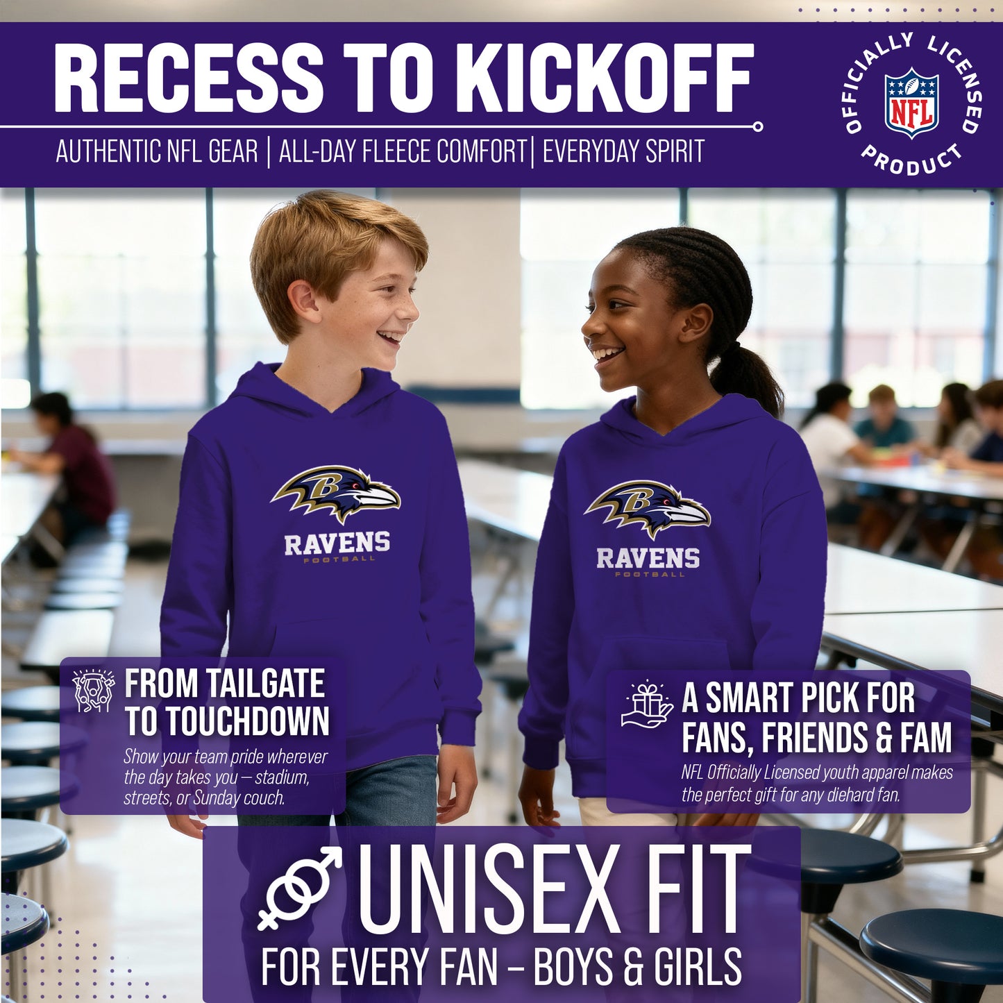 Baltimore Ravens Youth NFL Ultimate Fan Logo Fleece Hooded Sweatshirt -Tagless Football Pullover For Kids - Purple