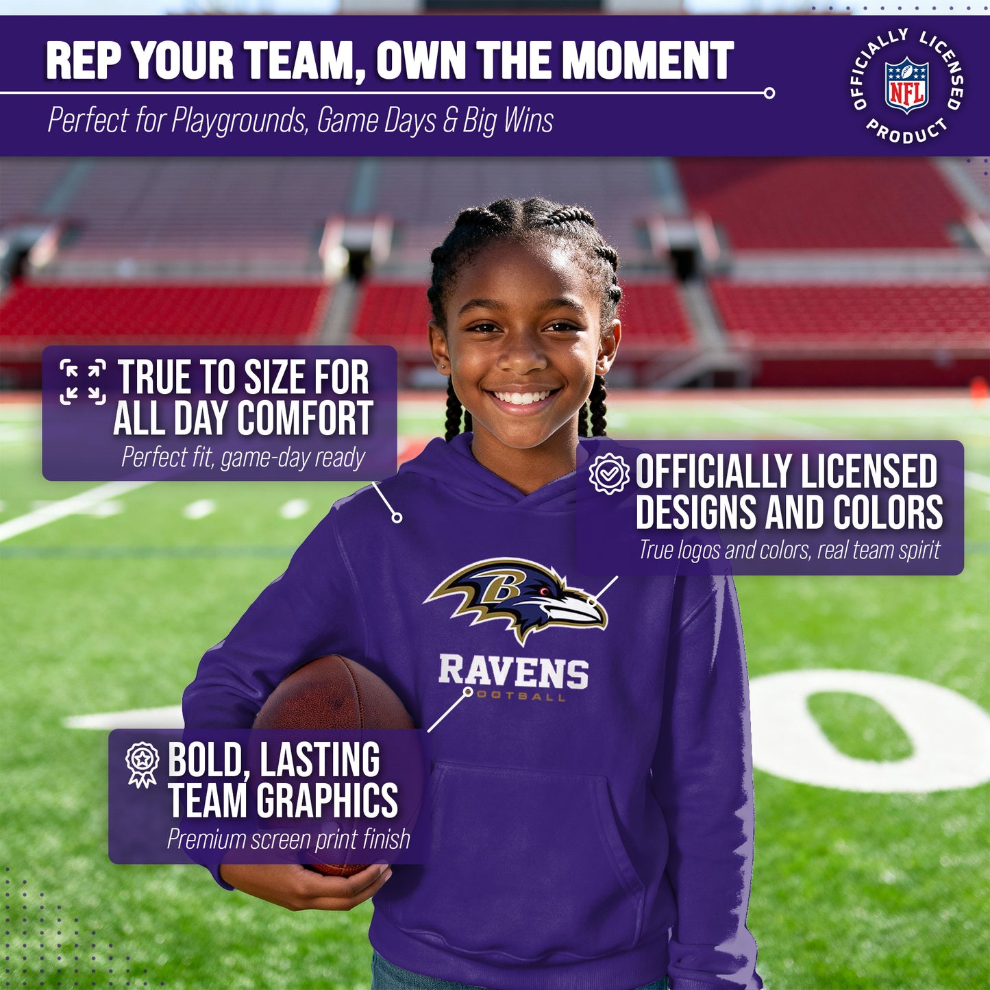 Baltimore Ravens Youth NFL Ultimate Fan Logo Fleece Hooded Sweatshirt -Tagless Football Pullover For Kids - Purple