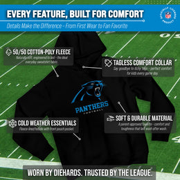 Carolina Panthers Youth NFL Ultimate Fan Logo Fleece Hooded Sweatshirt -Tagless Football Pullover For Kids - Black