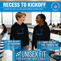 Carolina Panthers Youth NFL Ultimate Fan Logo Fleece Hooded Sweatshirt -Tagless Football Pullover For Kids - Black