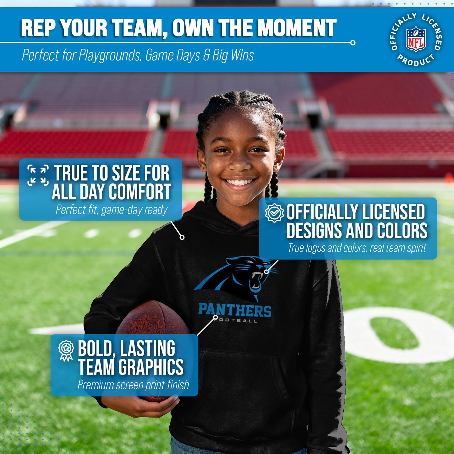 Carolina Panthers Youth NFL Ultimate Fan Logo Fleece Hooded Sweatshirt -Tagless Football Pullover For Kids - Black