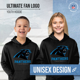 Carolina Panthers Youth NFL Ultimate Fan Logo Fleece Hooded Sweatshirt -Tagless Football Pullover For Kids - Black