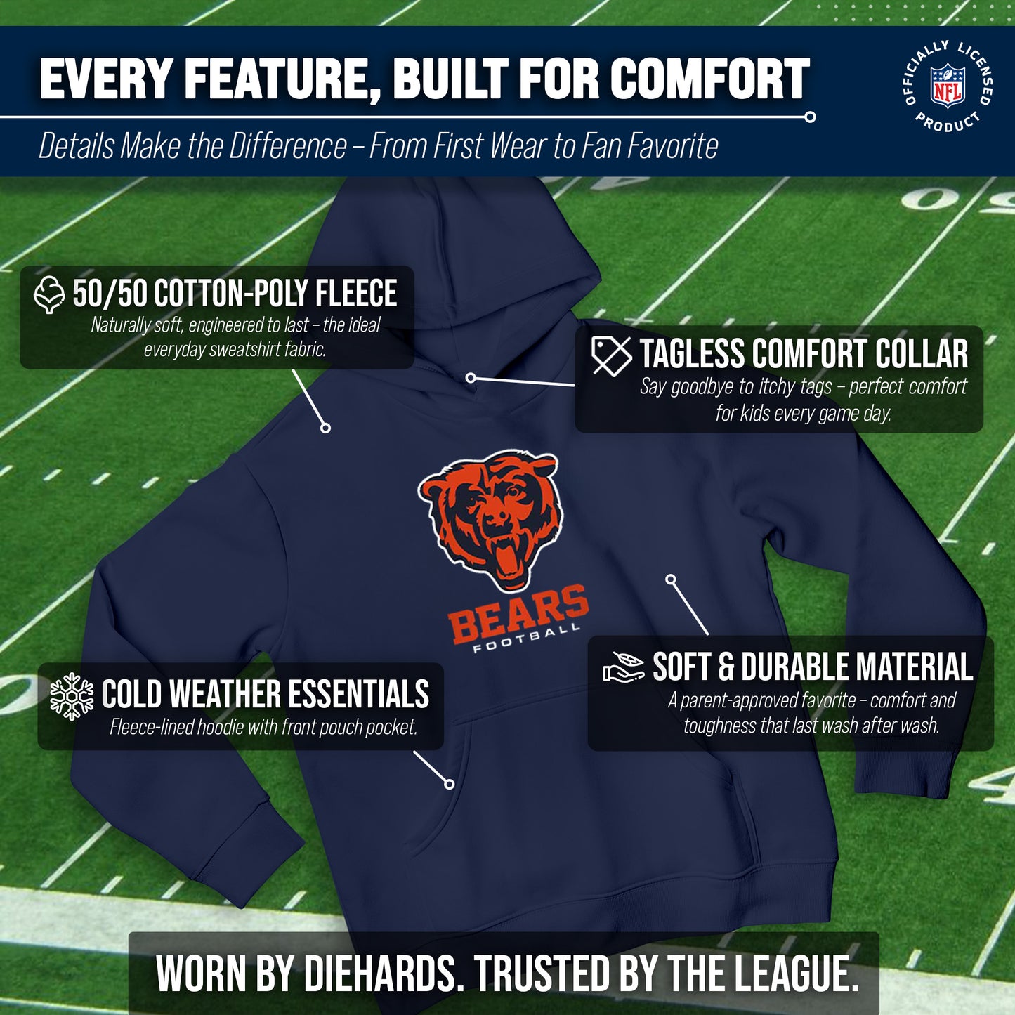Chicago Bears Youth NFL Ultimate Fan Logo Fleece Hooded Sweatshirt -Tagless Football Pullover For Kids - Navy