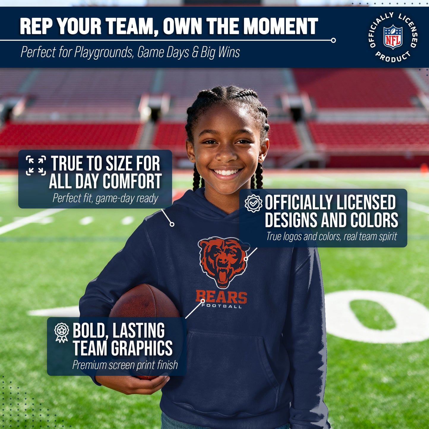 Chicago Bears Youth NFL Ultimate Fan Logo Fleece Hooded Sweatshirt -Tagless Football Pullover For Kids - Navy