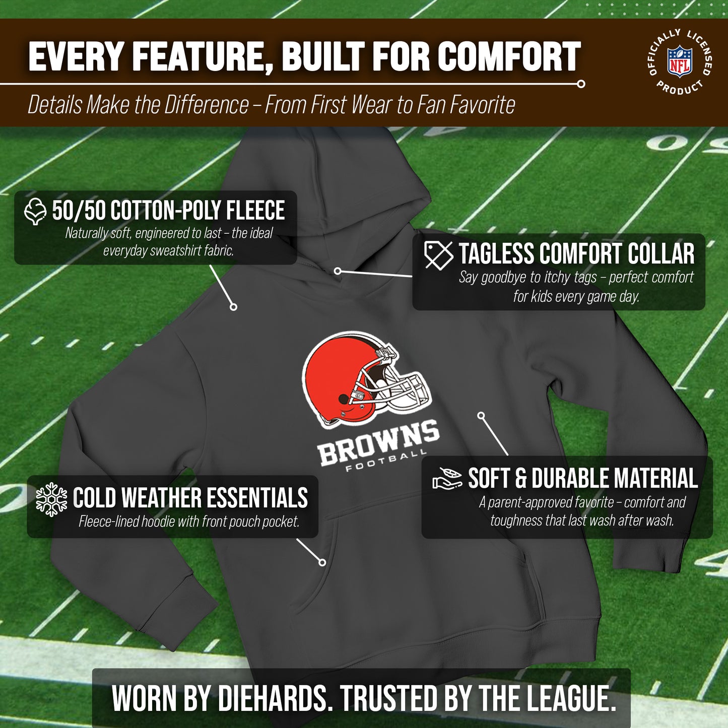 Cleveland Browns Youth NFL Ultimate Fan Logo Fleece Hooded Sweatshirt -Tagless Football Pullover For Kids - Charcoal