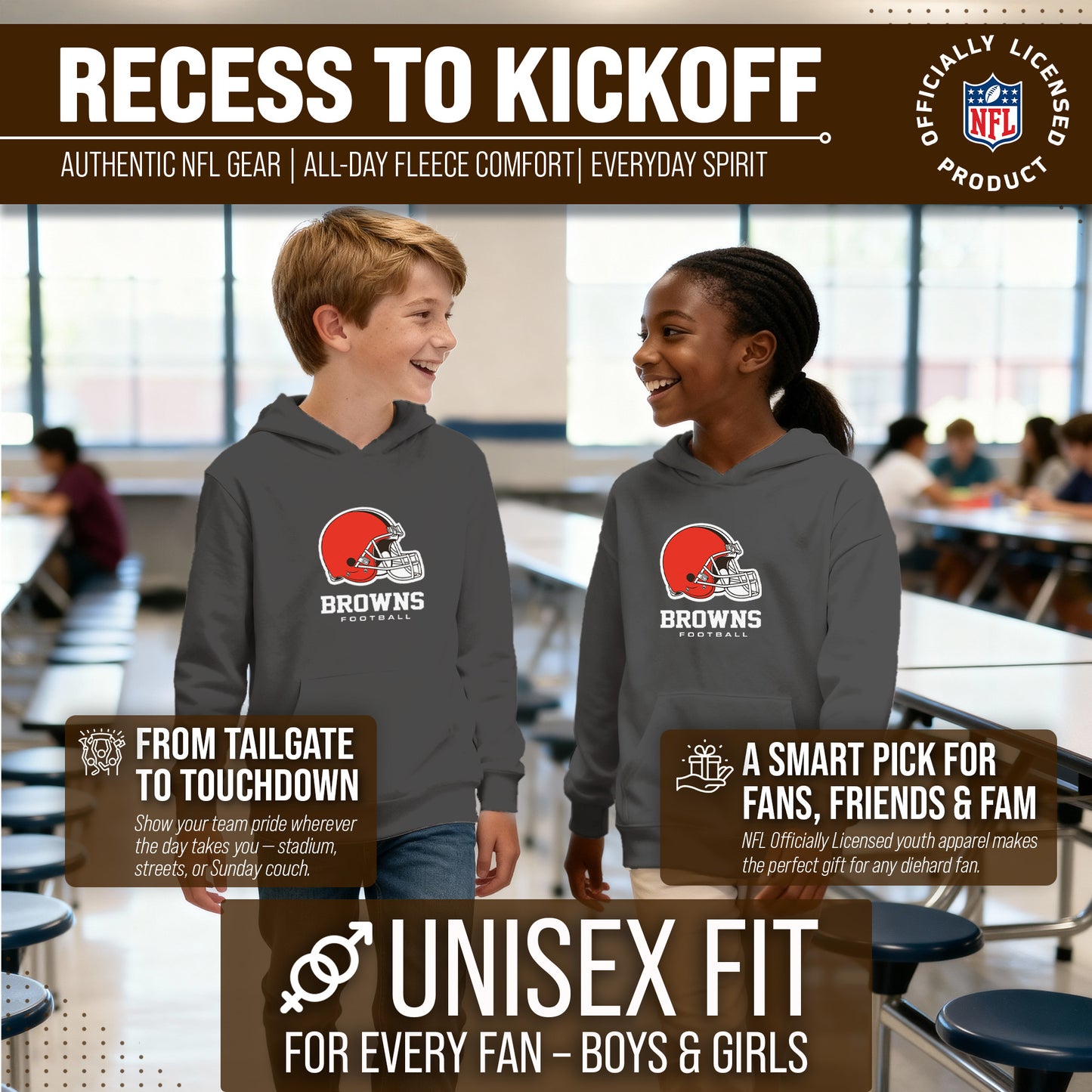 Cleveland Browns Youth NFL Ultimate Fan Logo Fleece Hooded Sweatshirt -Tagless Football Pullover For Kids - Charcoal