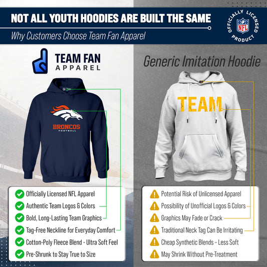 Denver Broncos Youth NFL Ultimate Fan Logo Fleece Hooded Sweatshirt -Tagless Football Pullover For Kids - Navy