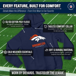 Denver Broncos Youth NFL Ultimate Fan Logo Fleece Hooded Sweatshirt -Tagless Football Pullover For Kids - Navy