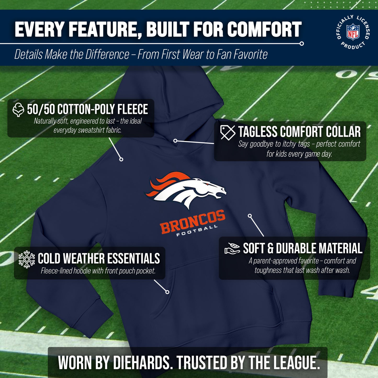 Denver Broncos Youth NFL Ultimate Fan Logo Fleece Hooded Sweatshirt -Tagless Football Pullover For Kids - Navy