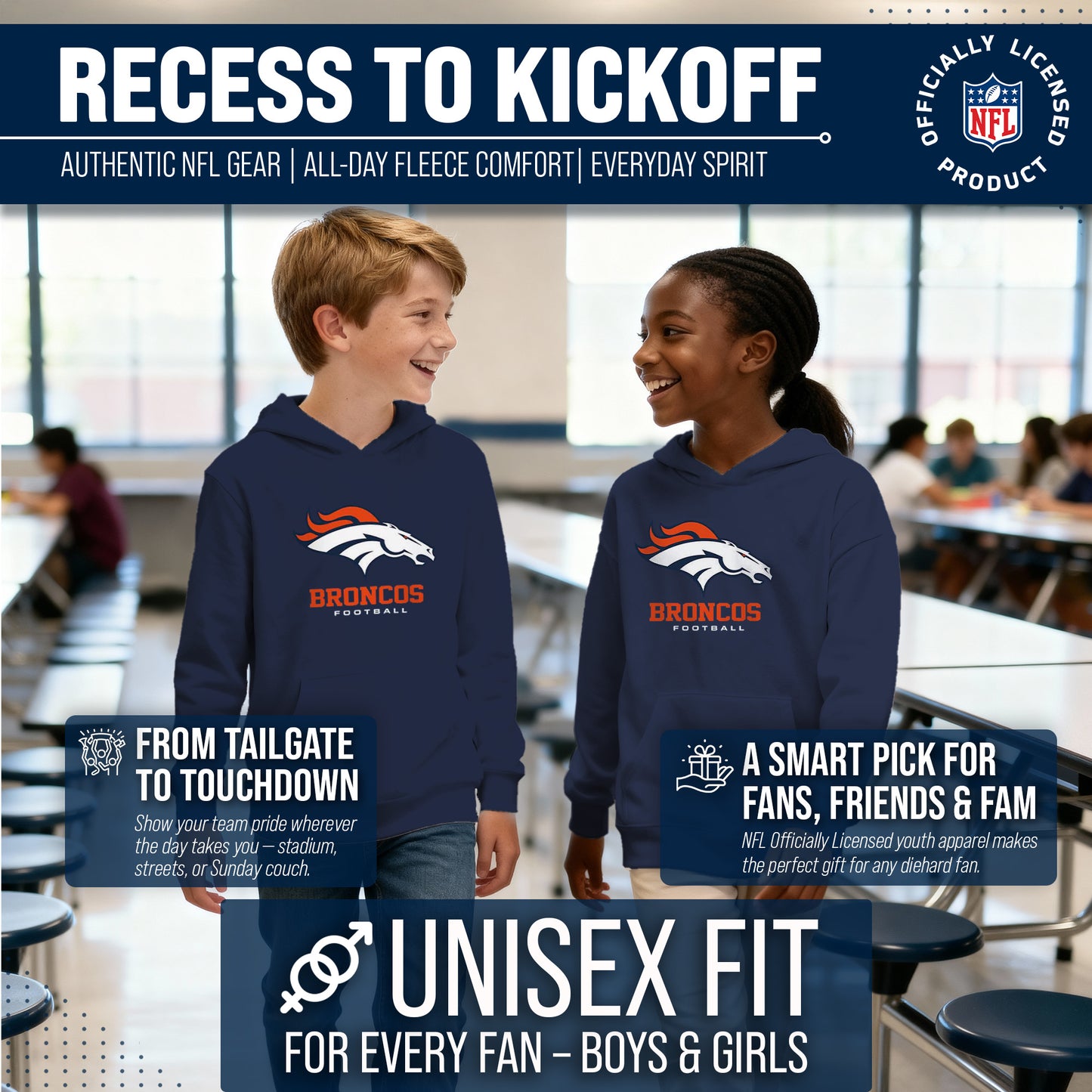 Denver Broncos Youth NFL Ultimate Fan Logo Fleece Hooded Sweatshirt -Tagless Football Pullover For Kids - Navy