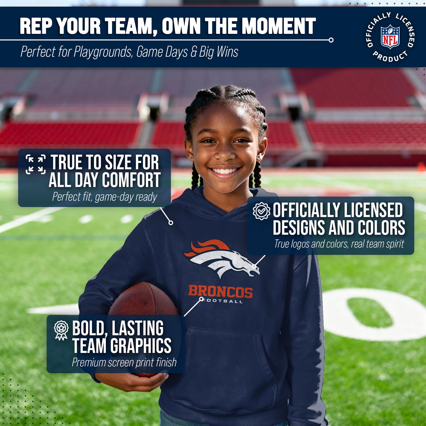 Denver Broncos Youth NFL Ultimate Fan Logo Fleece Hooded Sweatshirt -Tagless Football Pullover For Kids - Navy