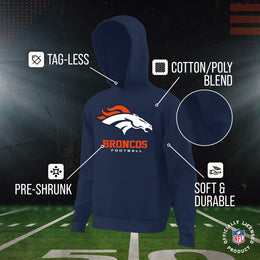 Denver Broncos Youth NFL Ultimate Fan Logo Fleece Hooded Sweatshirt -Tagless Football Pullover For Kids - Navy