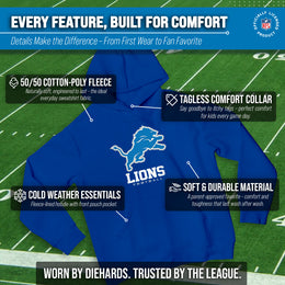 Detroit Lions Youth NFL Ultimate Fan Logo Fleece Hooded Sweatshirt -Tagless Football Pullover For Kids - Royal