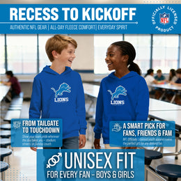 Detroit Lions Youth NFL Ultimate Fan Logo Fleece Hooded Sweatshirt -Tagless Football Pullover For Kids - Royal