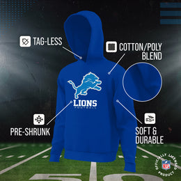 Detroit Lions Youth NFL Ultimate Fan Logo Fleece Hooded Sweatshirt -Tagless Football Pullover For Kids - Royal