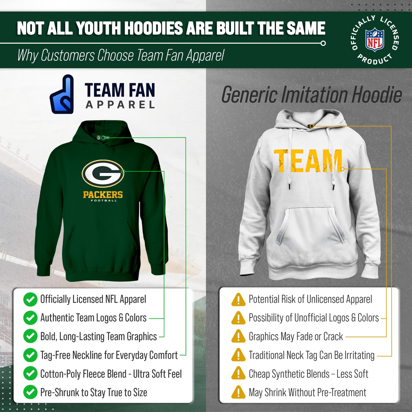 Green Bay Packers Youth NFL Ultimate Fan Logo Fleece Hooded Sweatshirt -Tagless Football Pullover For Kids - Forest Green