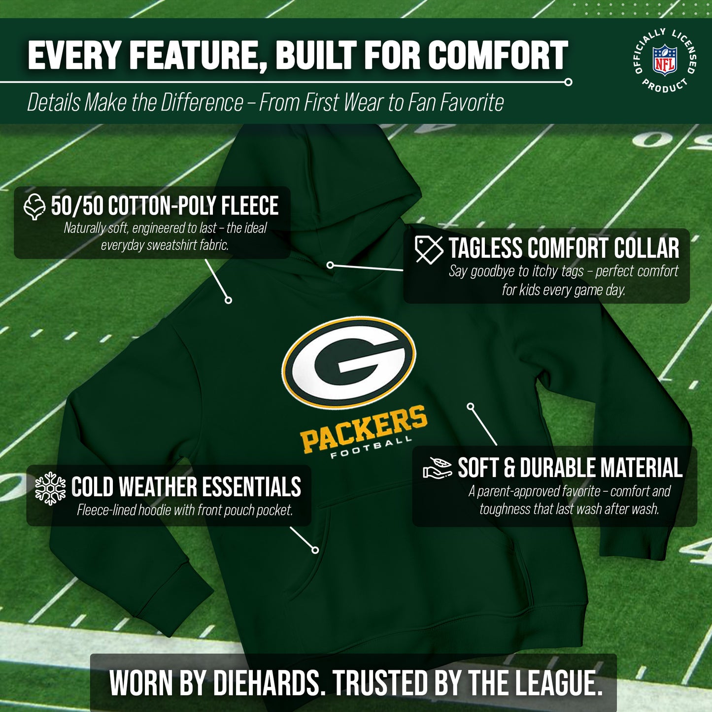 Green Bay Packers Youth NFL Ultimate Fan Logo Fleece Hooded Sweatshirt -Tagless Football Pullover For Kids - Forest Green