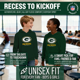 Green Bay Packers Youth NFL Ultimate Fan Logo Fleece Hooded Sweatshirt -Tagless Football Pullover For Kids - Forest Green