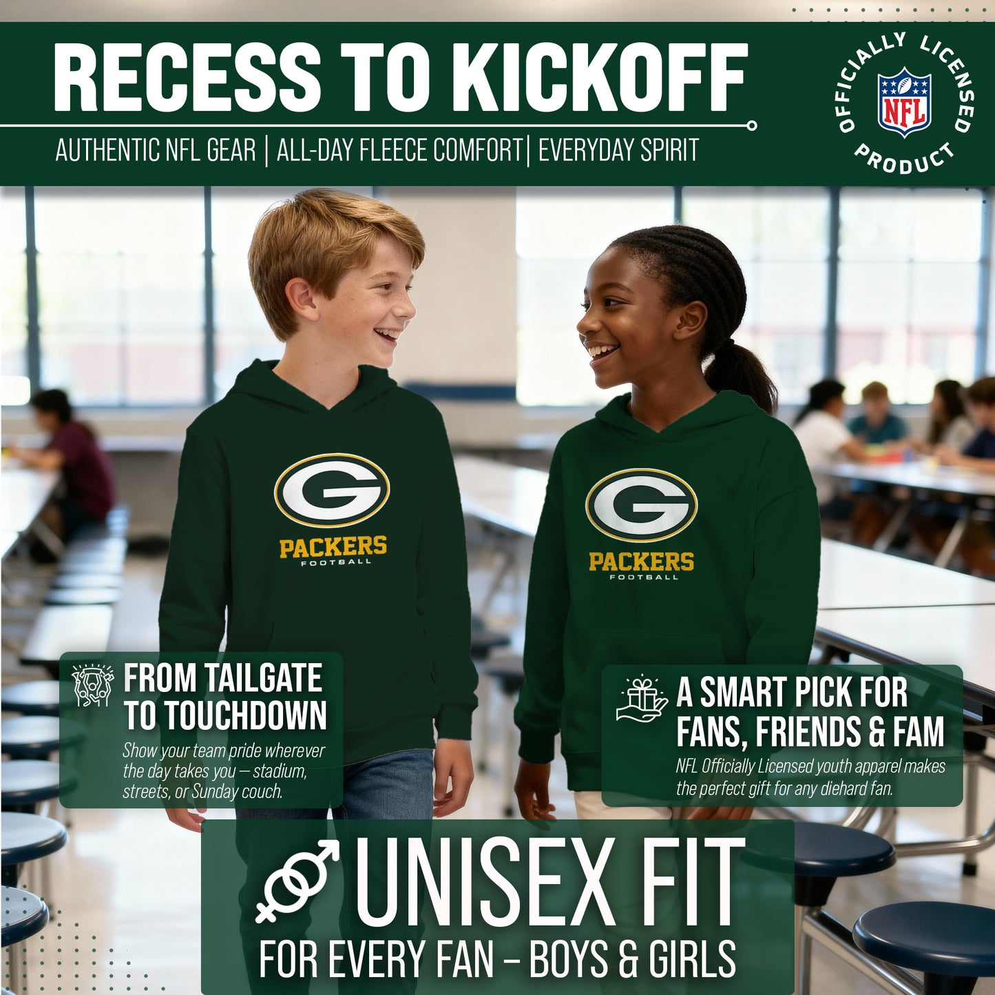 Green Bay Packers Youth NFL Ultimate Fan Logo Fleece Hooded Sweatshirt -Tagless Football Pullover For Kids - Forest Green