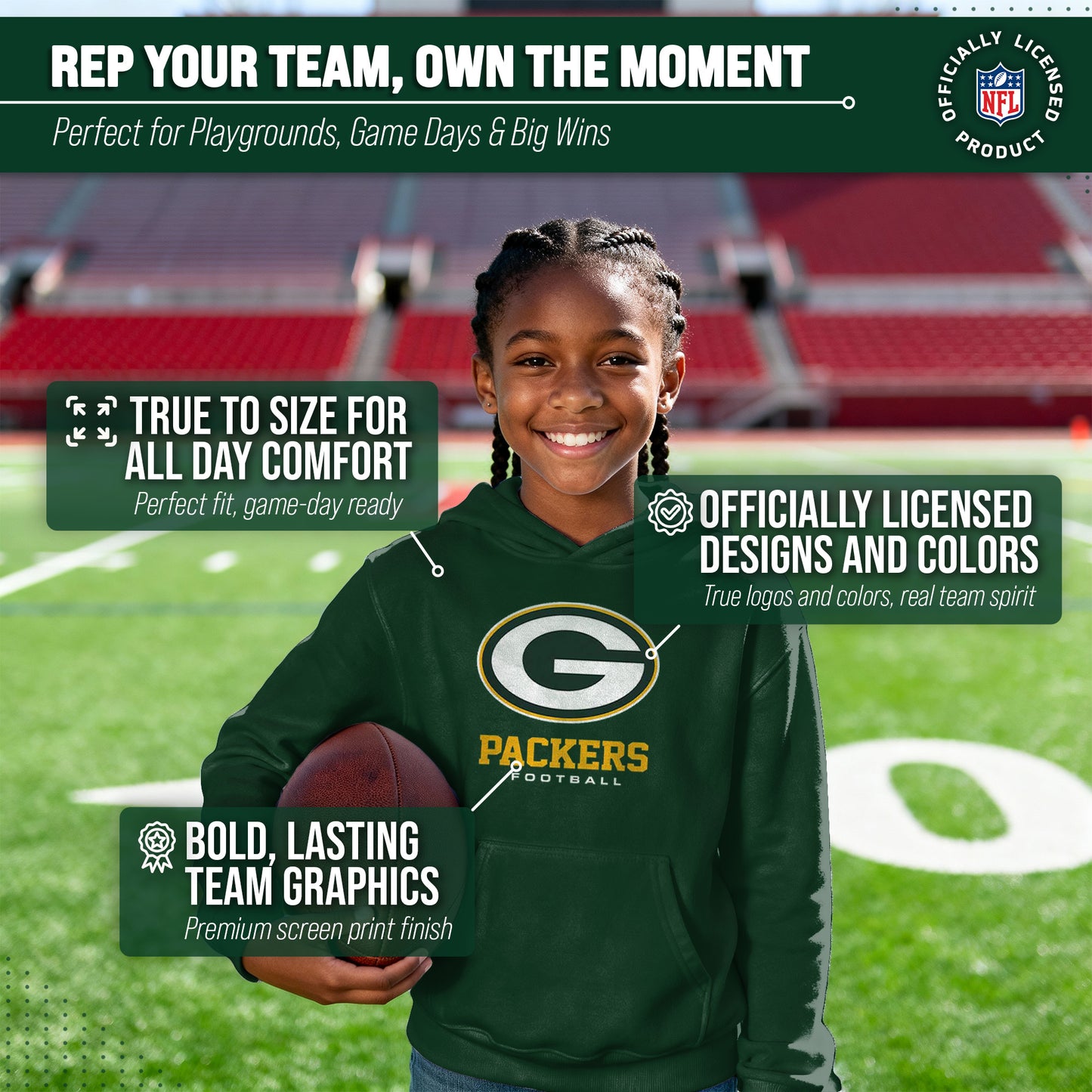 Green Bay Packers Youth NFL Ultimate Fan Logo Fleece Hooded Sweatshirt -Tagless Football Pullover For Kids - Forest Green