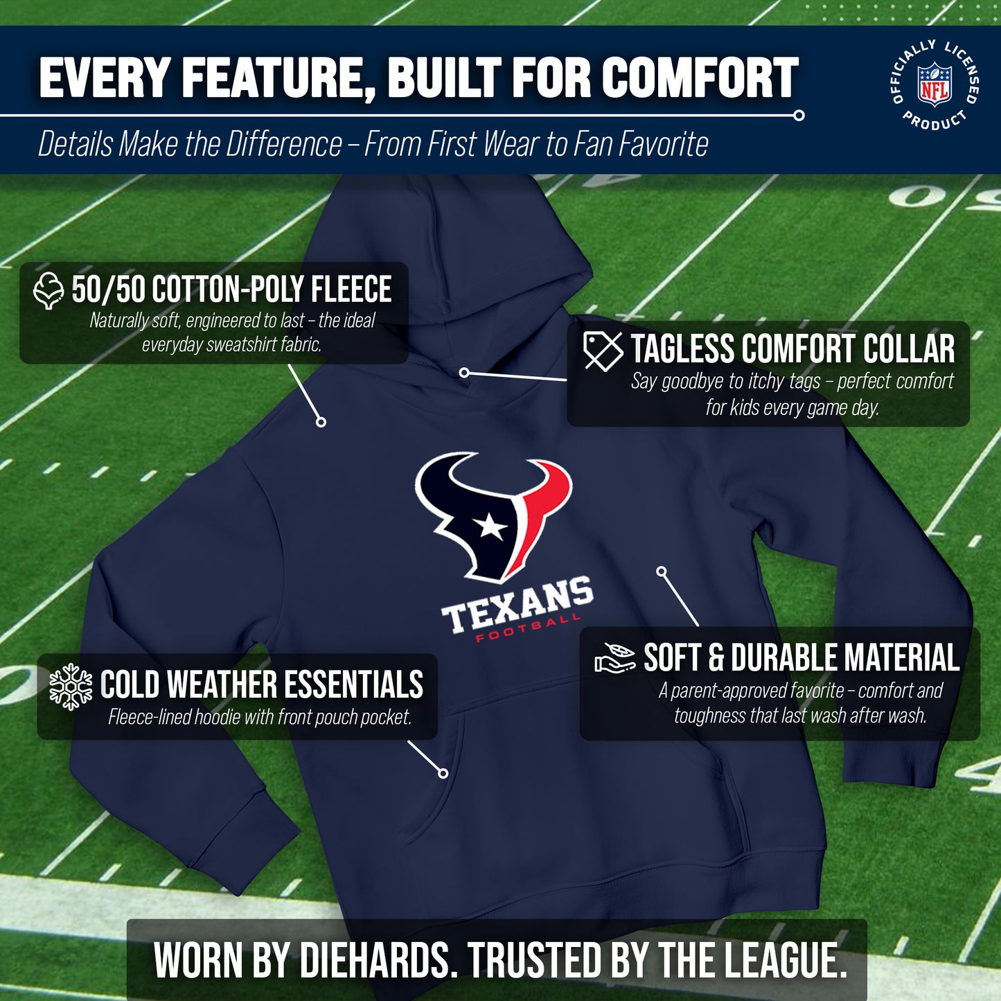 Houston Texans Youth NFL Ultimate Fan Logo Fleece Hooded Sweatshirt -Tagless Football Pullover For Kids - Navy