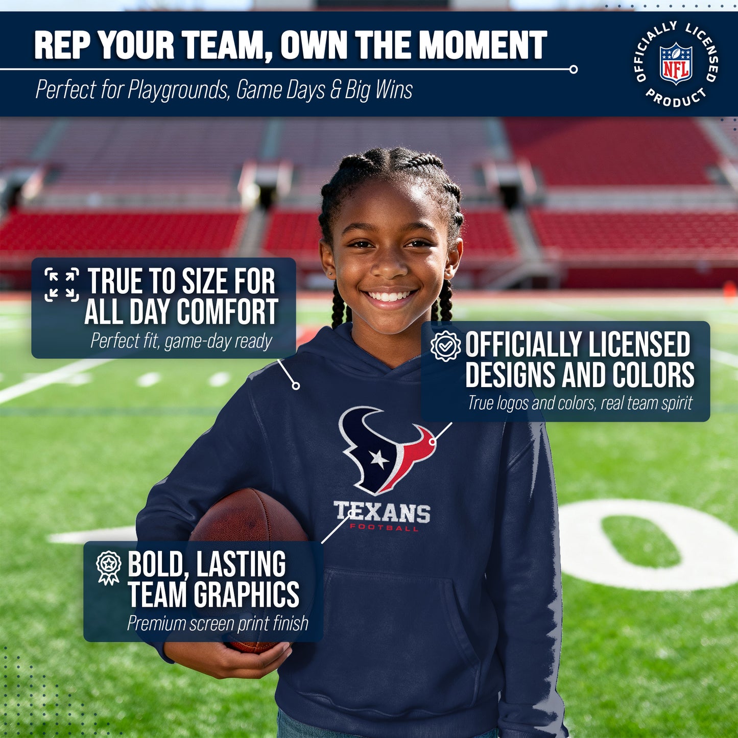 Houston Texans Youth NFL Ultimate Fan Logo Fleece Hooded Sweatshirt -Tagless Football Pullover For Kids - Navy