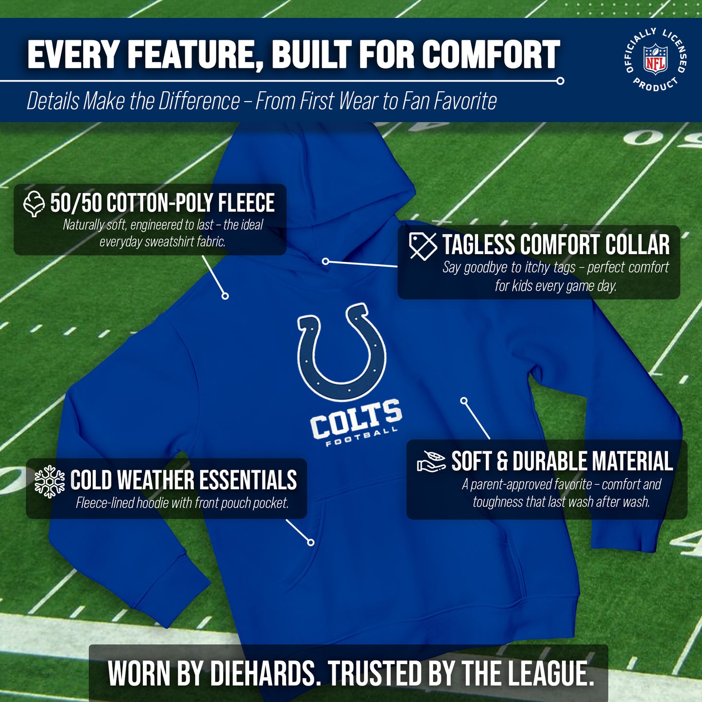 Indianapolis Colts Youth NFL Ultimate Fan Logo Fleece Hooded Sweatshirt -Tagless Football Pullover For Kids - Royal