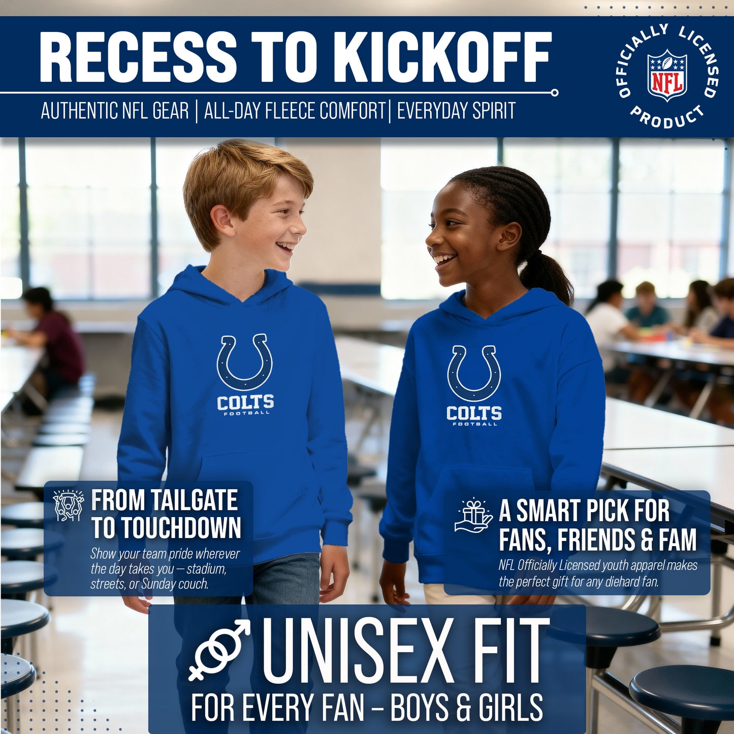 Indianapolis Colts Youth NFL Ultimate Fan Logo Fleece Hooded Sweatshirt -Tagless Football Pullover For Kids - Royal