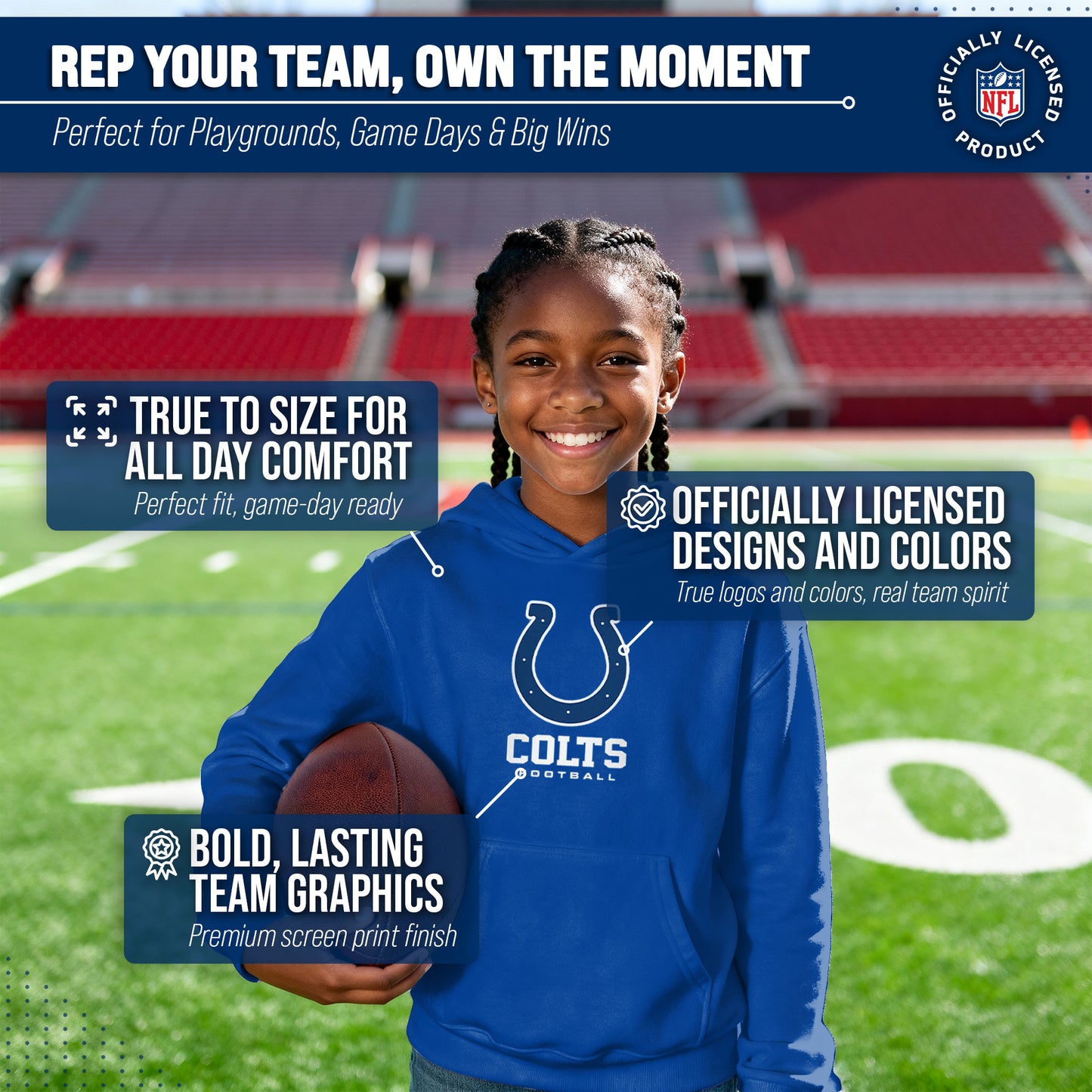 Indianapolis Colts Youth NFL Ultimate Fan Logo Fleece Hooded Sweatshirt -Tagless Football Pullover For Kids - Royal