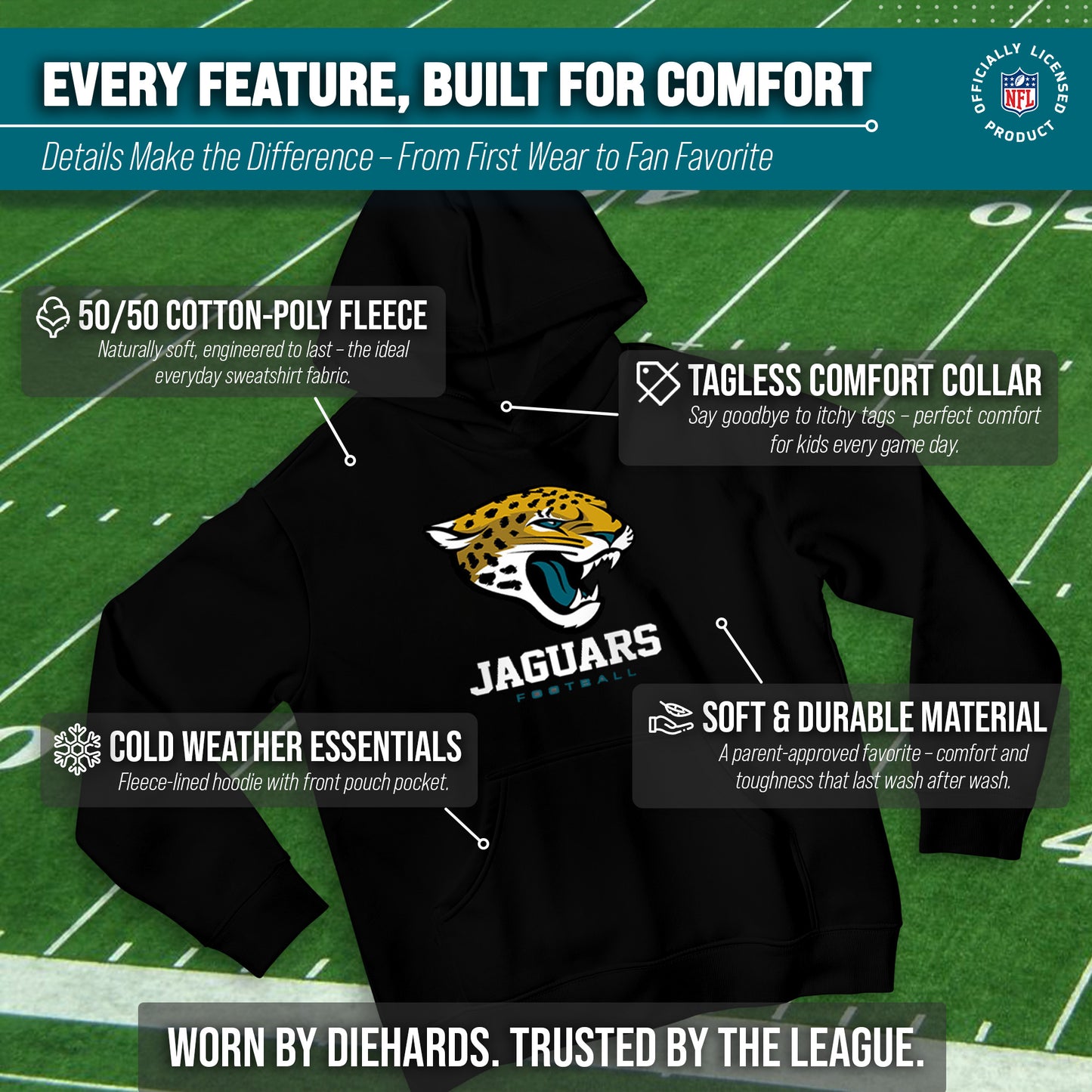 Jacksonville Jaguars Youth NFL Ultimate Fan Logo Fleece Hooded Sweatshirt -Tagless Football Pullover For Kids - Black