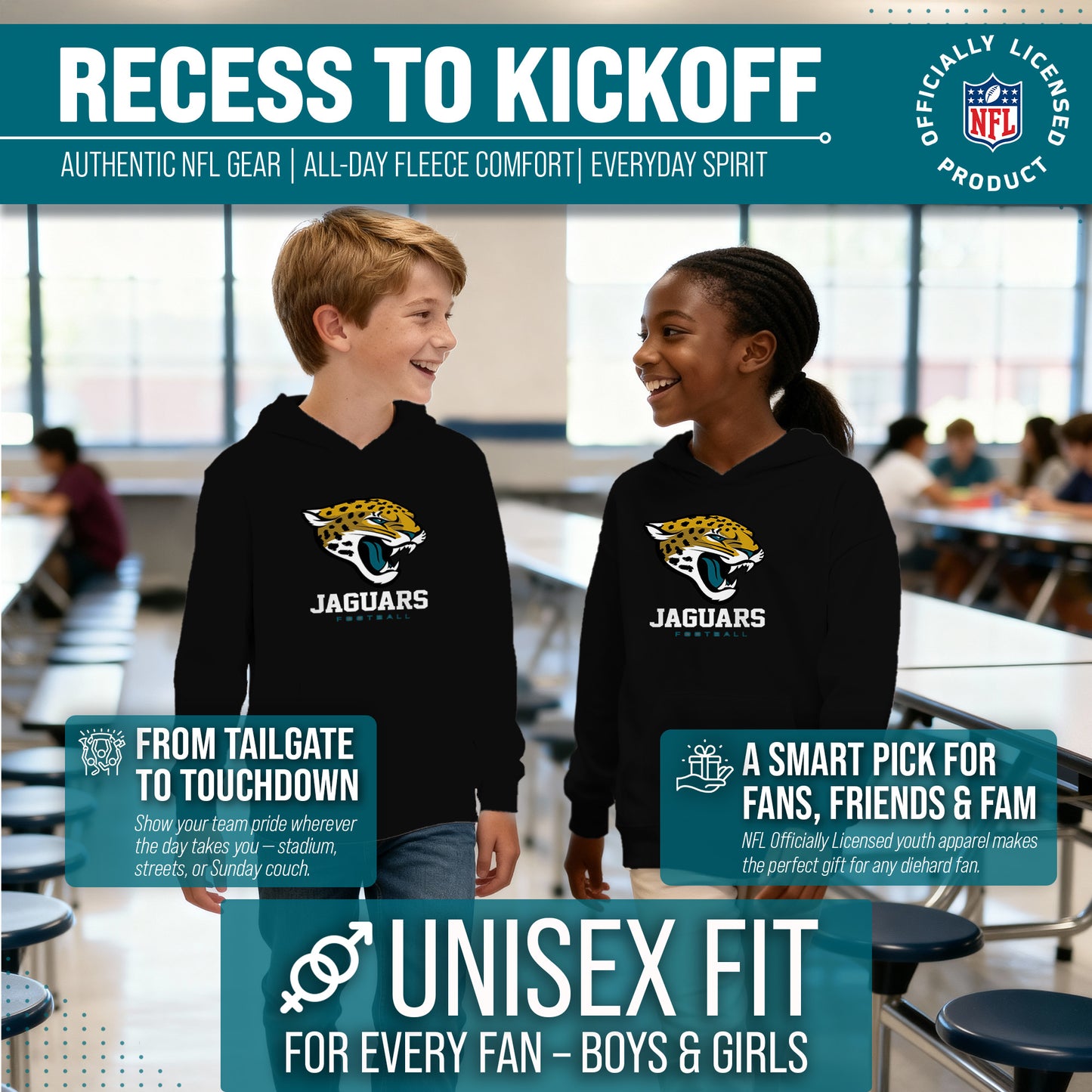 Jacksonville Jaguars Youth NFL Ultimate Fan Logo Fleece Hooded Sweatshirt -Tagless Football Pullover For Kids - Black