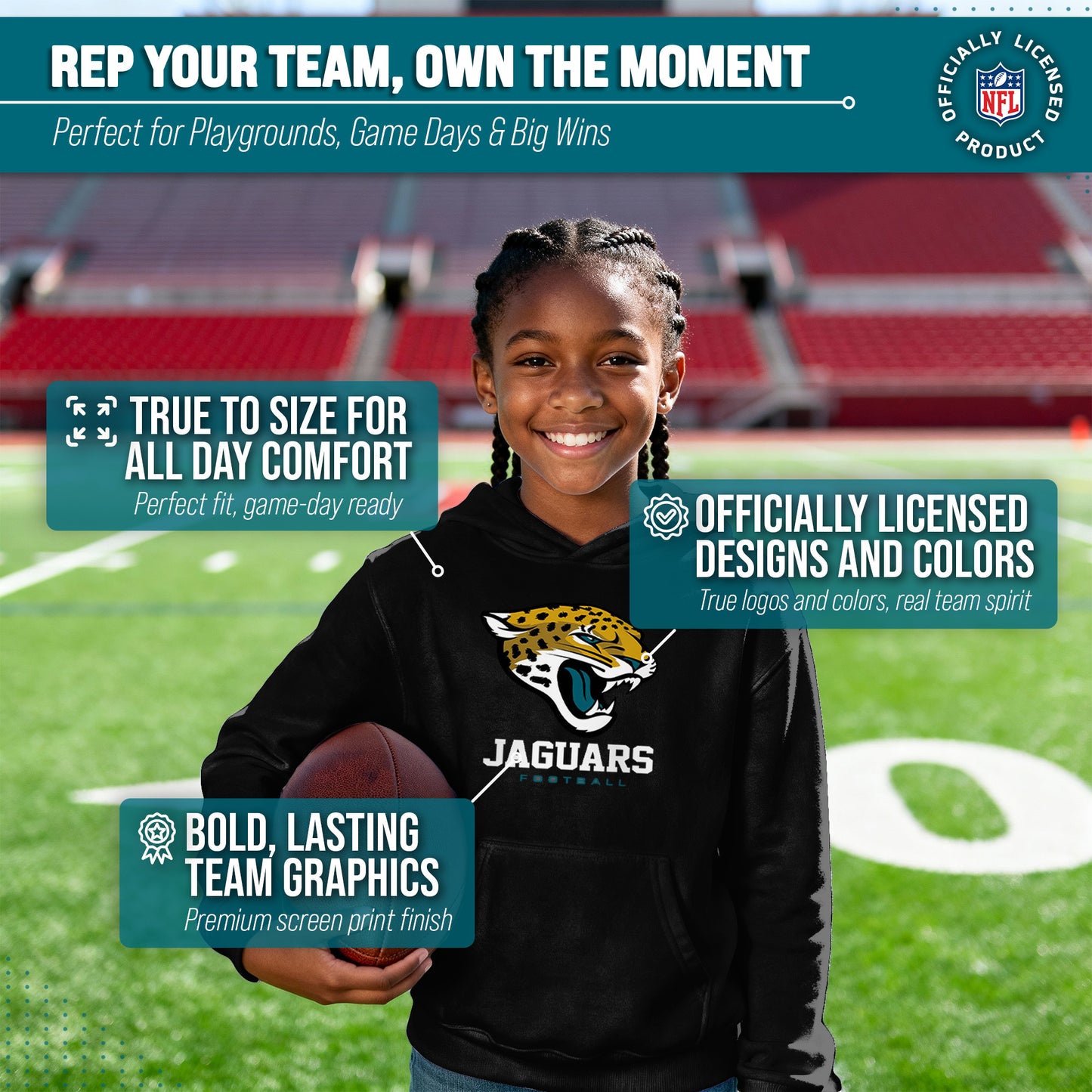 Jacksonville Jaguars Youth NFL Ultimate Fan Logo Fleece Hooded Sweatshirt -Tagless Football Pullover For Kids - Black