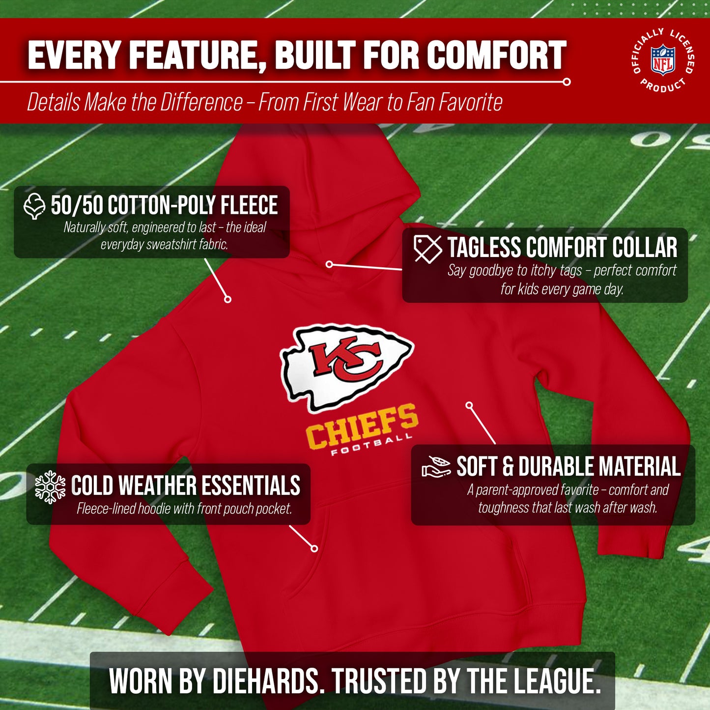 Kansas City Chiefs Youth NFL Ultimate Fan Logo Fleece Hooded Sweatshirt -Tagless Football Pullover For Kids - Red