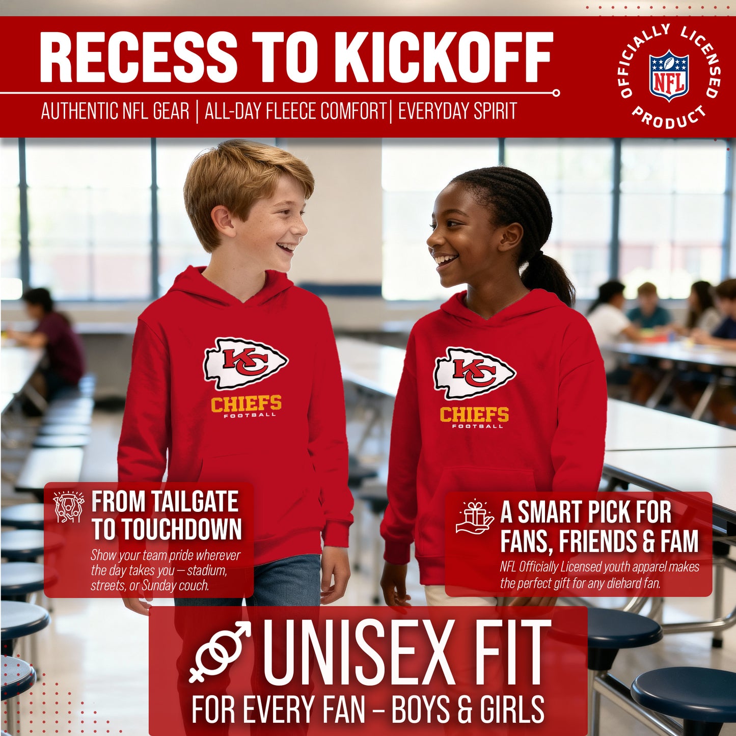 Kansas City Chiefs Youth NFL Ultimate Fan Logo Fleece Hooded Sweatshirt -Tagless Football Pullover For Kids - Red