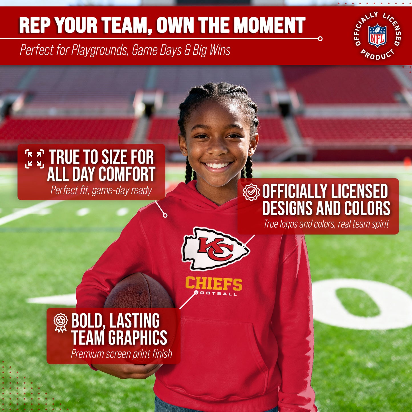 Kansas City Chiefs Youth NFL Ultimate Fan Logo Fleece Hooded Sweatshirt -Tagless Football Pullover For Kids - Red