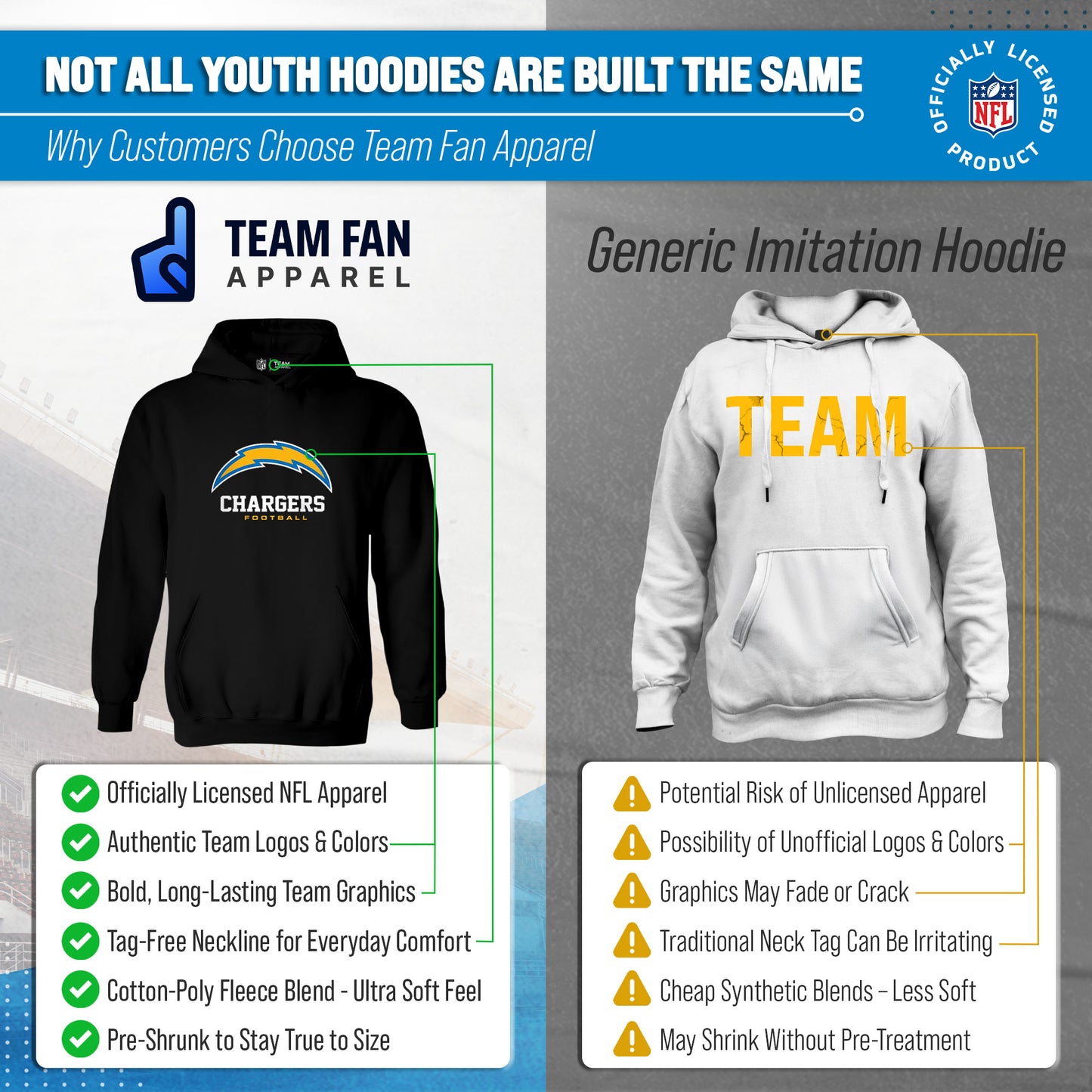 Los Angeles Chargers Youth NFL Ultimate Fan Logo Fleece Hooded Sweatshirt -Tagless Football Pullover For Kids - Black