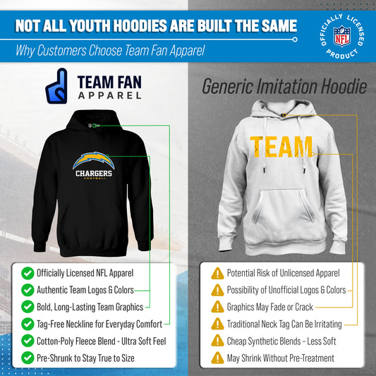 Los Angeles Chargers Youth NFL Ultimate Fan Logo Fleece Hooded Sweatshirt -Tagless Football Pullover For Kids - Black