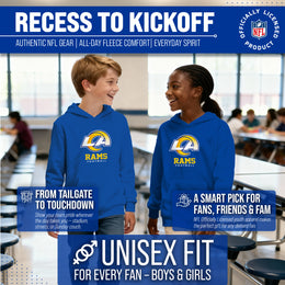 Los Angeles Rams Youth NFL Ultimate Fan Logo Fleece Hooded Sweatshirt -Tagless Football Pullover For Kids - Royal