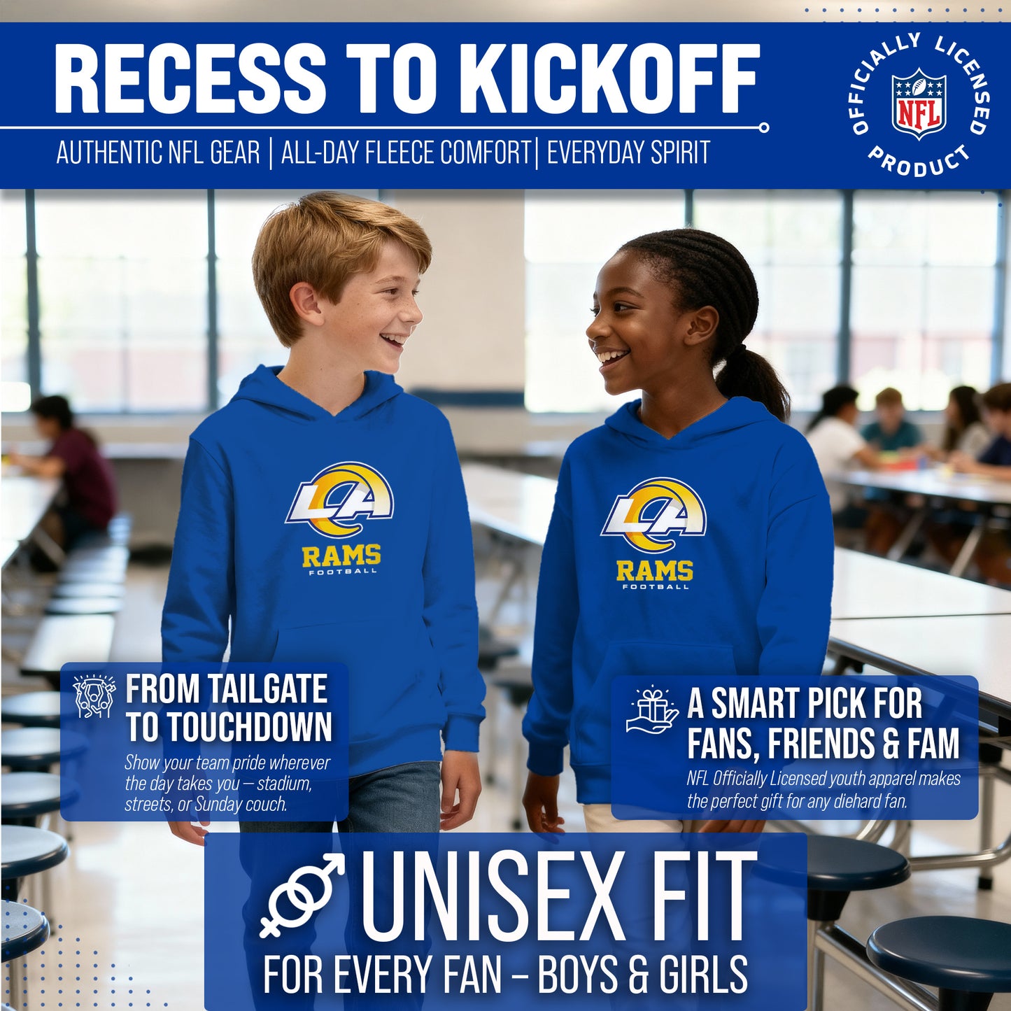 Los Angeles Rams Youth NFL Ultimate Fan Logo Fleece Hooded Sweatshirt -Tagless Football Pullover For Kids - Royal