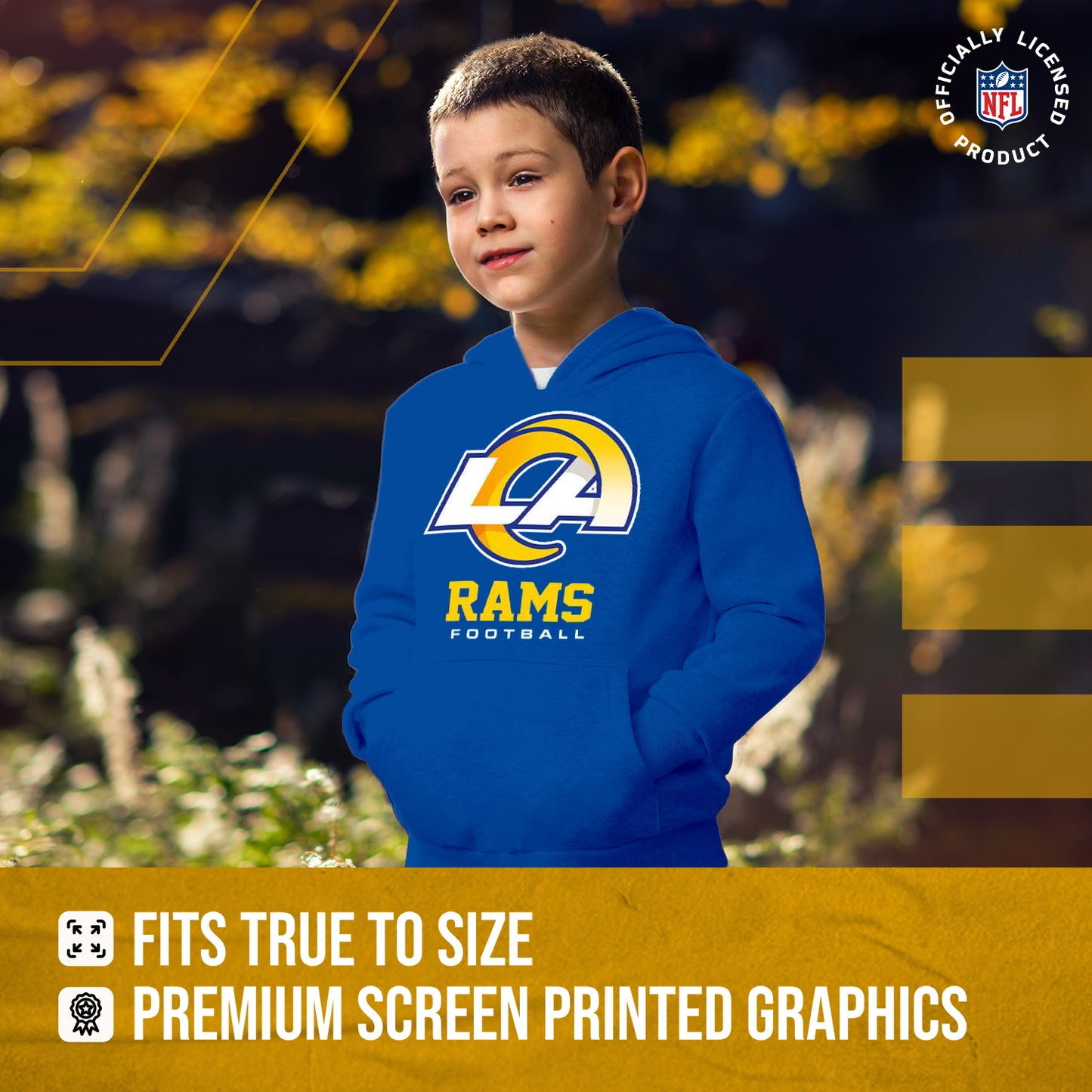 Los Angeles Rams Youth NFL Ultimate Fan Logo Fleece Hooded Sweatshirt -Tagless Football Pullover For Kids - Royal