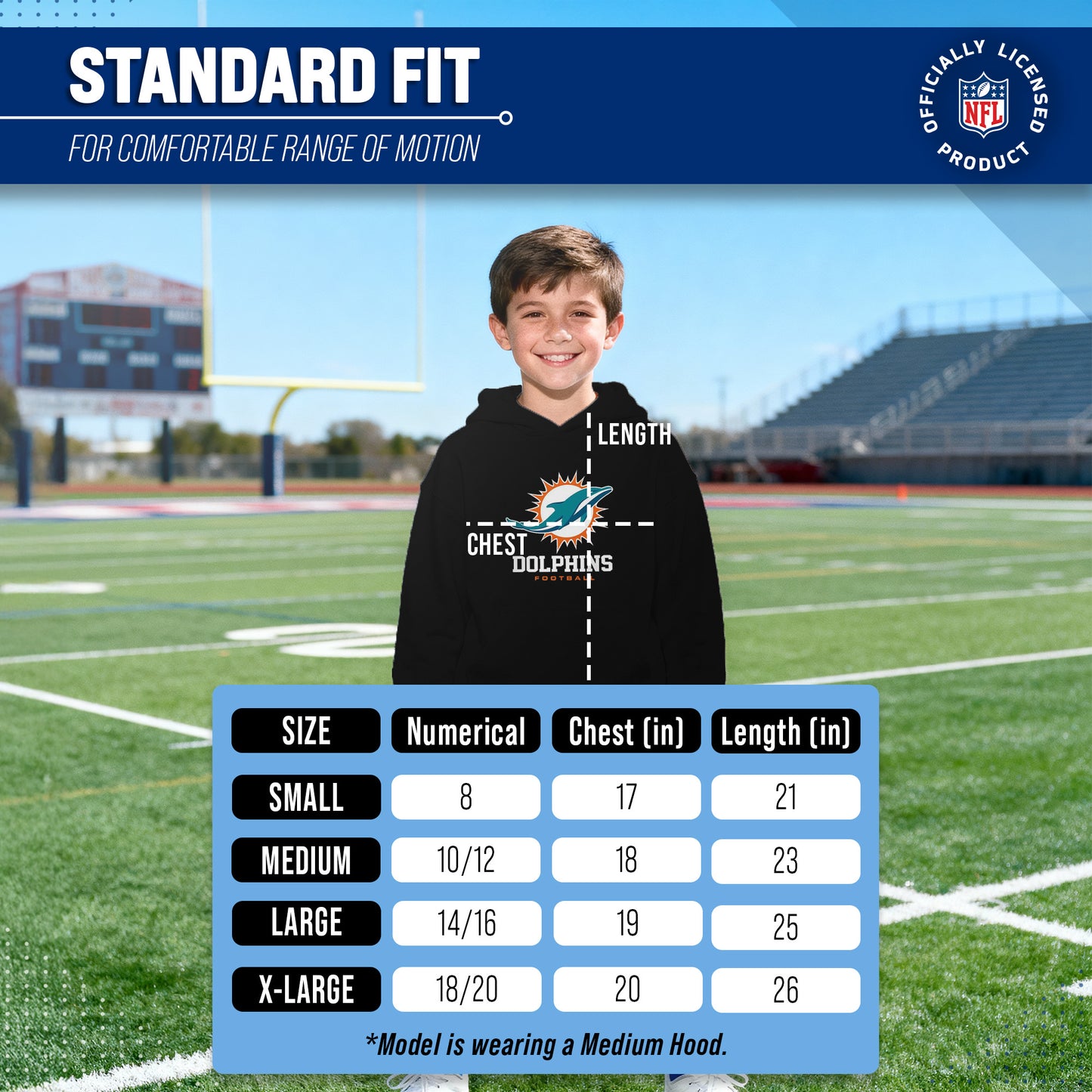 Miami Dolphins Youth NFL Ultimate Fan Logo Fleece Hooded Sweatshirt -Tagless Football Pullover For Kids - Black