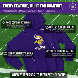 Minnesota Vikings Youth NFL Ultimate Fan Logo Fleece Hooded Sweatshirt -Tagless Football Pullover For Kids - Purple