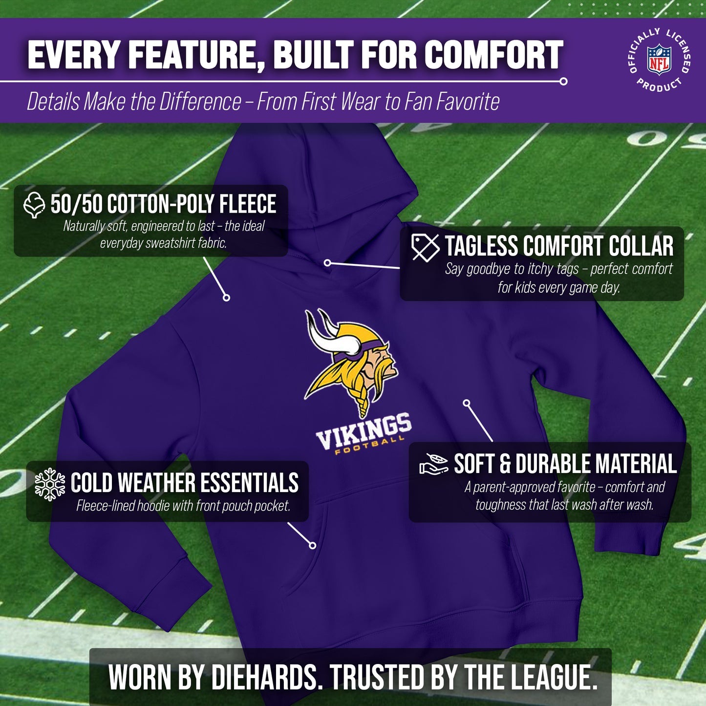 Minnesota Vikings Youth NFL Ultimate Fan Logo Fleece Hooded Sweatshirt -Tagless Football Pullover For Kids - Purple